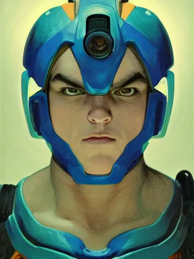 Prompt: portrait of megaman X, upper body 2d game avatar, Donato Giancola, Kodak film stock, chiaroscuro lighting, stylized bold outline, default pose neutral expression, expressionist colour, face-on head shot, close-up, eye-contact, sharp focus, shape language, Alphonse Mucha/Gustav Klimt style, alpha masked transparent flat background, 4k, volumetric lighting, French Nouveau, trending on artstation, octane render, ultra detailed, hyperrealistic