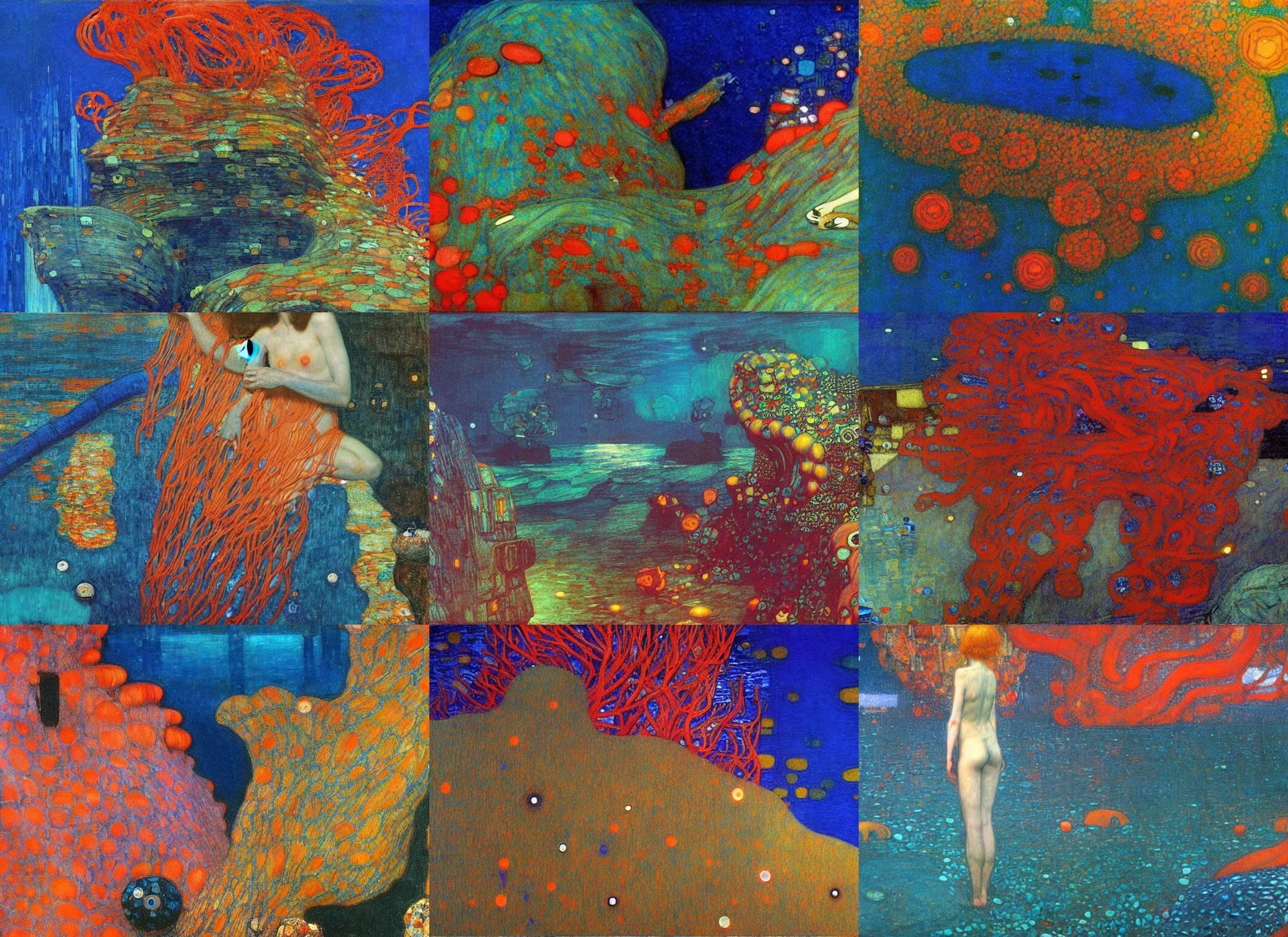 Prompt: A cyberpunk deep sea coral reef painted by John William Waterhouse and Edward Hopper and Gustav Klimt. HD