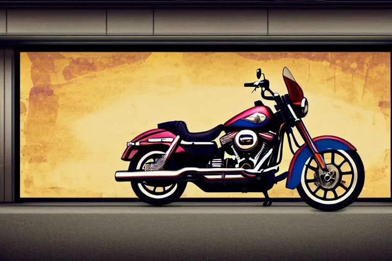 Image similar to harley davidson in front of a gas station corner, panoramic view, soft colors, pop art style
