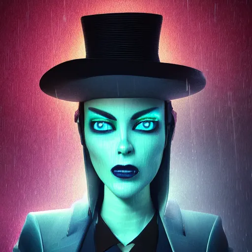 Image similar to alien stylish woman cartoon portrait made out of rain, pinstripe suit, top hat, galactic background, rendered in octane, unreal engine, highly detailed, trending on artstation, realistic, neon, beautiful