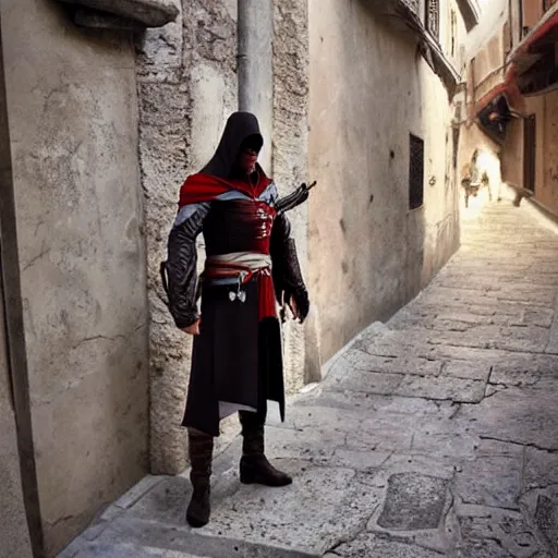 Prompt: ezio auditore da firenze spotted in real life, italy,