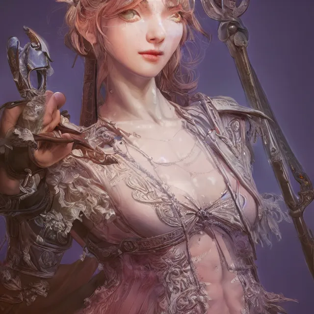 Image similar to studio portrait of neutral good colorful female cleric bard healer as absurdly beautiful, elegant, young skinny gravure idol, ultrafine hyperdetailed face illustration by kim jung gi, irakli nadar, intricate linework, sharp deep focus, bright colors, octopath traveler, final fantasy, unreal engine highly rendered, global illumination, radiant light, detailed and intricate environment