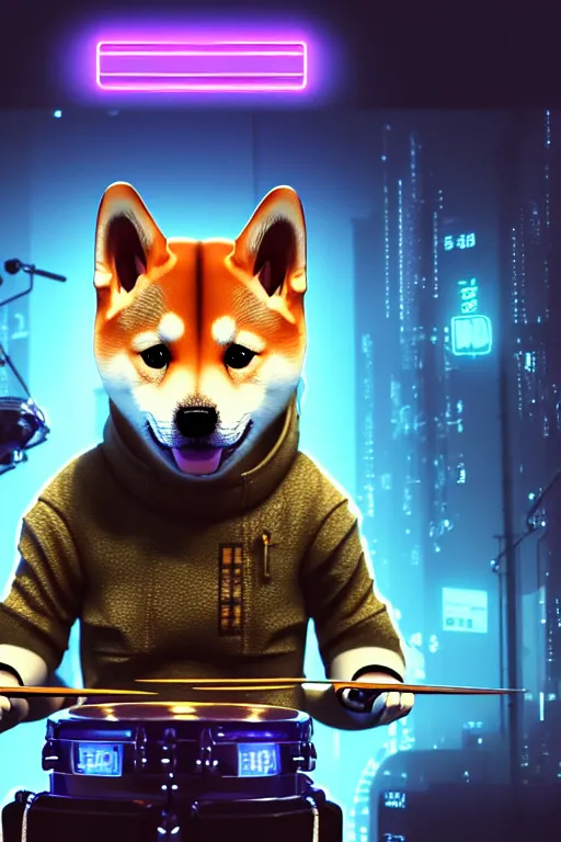 Image similar to high quality 3 d render very cute cyborg shiba inu plays drums, cyberpunk highly detailed, unreal engine cinematic smooth, in the style of blade runner & pixar, hannah yata charlie immer, moody light, low angle, uhd 8 k, sharp focus