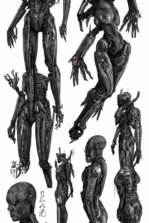Image similar to cyborg norse goddess with gunmetal grey skin, medical anatomy, very symmetrical face, highly detailed, japanese mecha, three - perspective / three - view reference sheet ( front / back / side ), in the style of dan ouellette, dren from splice, hr giger, sil from species, artstation, unreal engine