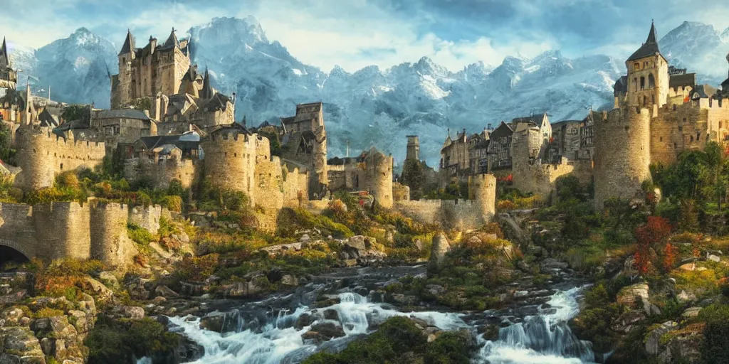 Image similar to medieval walled city nestled in a mountain with small river flowing through it, large castle in a mountain peak in the background, alpine architecture, very beautiful, intricate, majestic, concept art, trending on art station