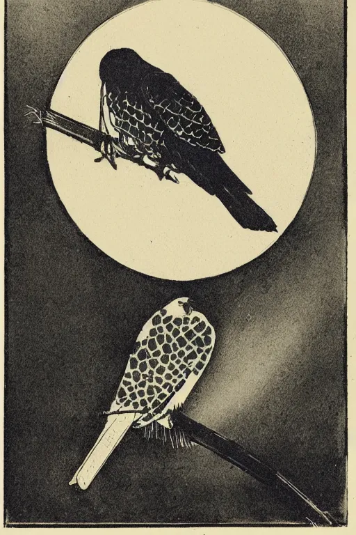 Prompt: an hawk resting on a fence, an illustration of by laszlo moholy - nagy, behance, sosaku hanga, cyanotype, photoillustration, calotype