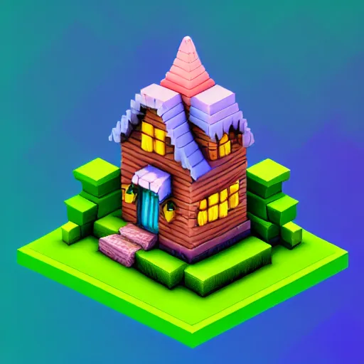 Image similar to Isometric 3D Fantasy Cute House, realistic, soft texture, render in blender,, magic voxel, gradient, geometric, minimal, cinematic lighting