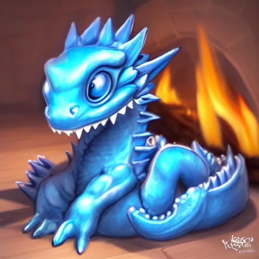 Prompt: A cute little blue dragon, curled up on a dark blue pillow in front of a fireplace in an English manion, illustration, very detailed, digital art, hyperrealistic, ambient occlusion, warm glow, soft shadows, depth of field, reflective scales, trending on artstation, cute