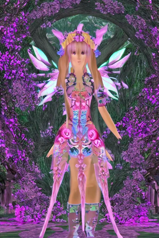 Image similar to cute female forest spirit wearing floral cybernetic hungarian valentino resort mystical angelic dress in a 3 d psx ps 2 jrpg style, overgrown esoteric cyber cathedral sanctuary, fashion gameplay screenshot, highly detailed, morning pink gold light