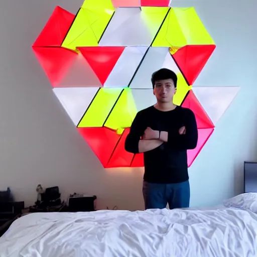 Image similar to a 2 5 year old asian daytrader standing proudly in front of triangular nanoleaf led lights on his bedroom wall