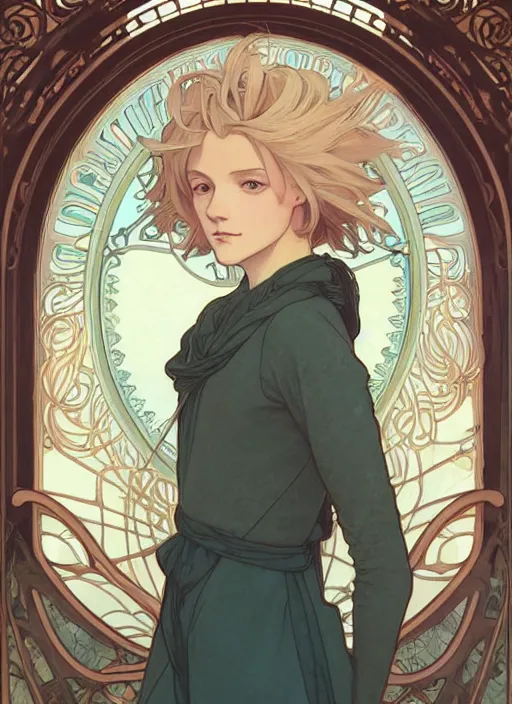 Image similar to pretty young man with shoulder length blond hair, half body shot, path traced, highly detailed, high quality, digital painting, by studio ghibli and alphonse mucha, leesha hannigan, hidari, disney, jules bastien - lepage, art nouveau, android jones, andreas rocha, conrad roset