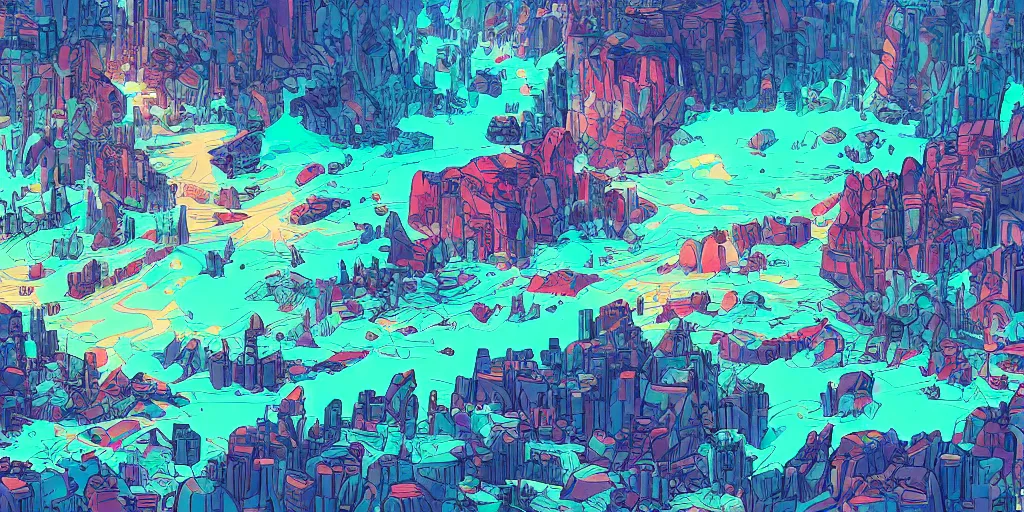 Image similar to generative digital art examples in the style of a video game illustration vivid color borderlands and by feng zhu and loish and laurie greasley, victo ngai, andreas rocha, john harris