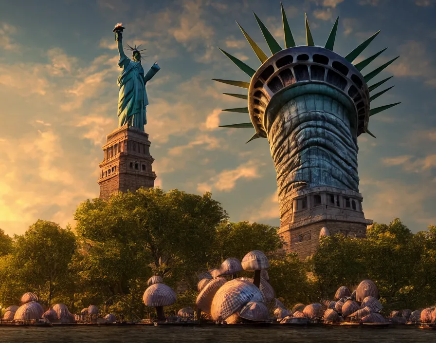 Image similar to giant metal mushroom instead statue of liberty, beautiful graphics, fantasy artwork, very beautiful scenery, hd, hdr, ue 5, ue 6, unreal engine 5, cinematic 4 k wallpaper, 8 k, ultra detailed