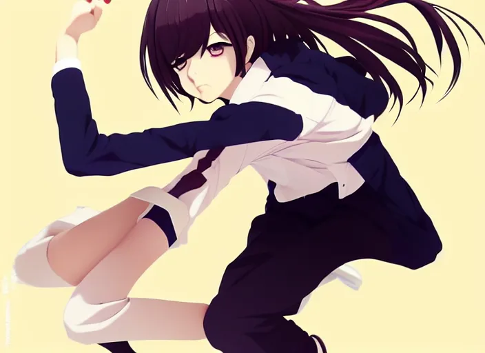 Image similar to anime visual, full body illustration a young woman in a fight at school, handsome face by ilya kuvshinov, yoshinari yoh, makoto shinkai, katsura masakazu, dynamic perspective pose, detailed facial features, kyoani, rounded eyes, crisp and sharp, cel shad, anime poster, ambient light,