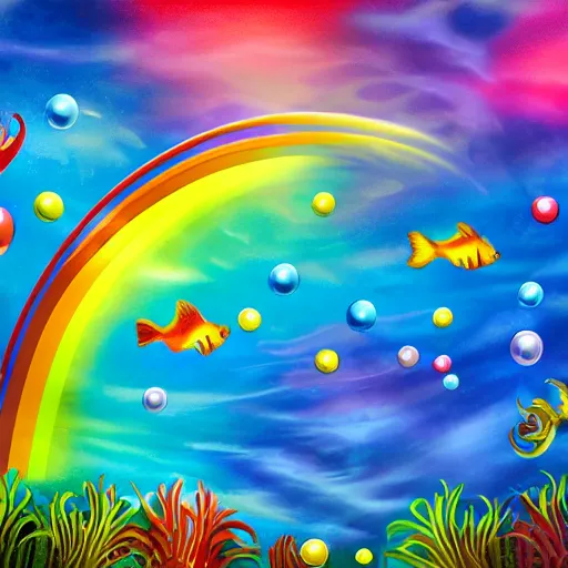 Image similar to sky with rainbow fishes, fantasy, hyperrealistic