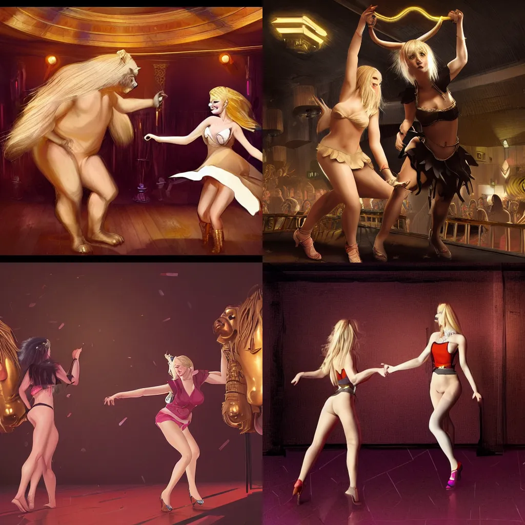 Prompt: 2 blonde ladies dancing with a minotaur in a nightclub, grek rutkowski, artstation