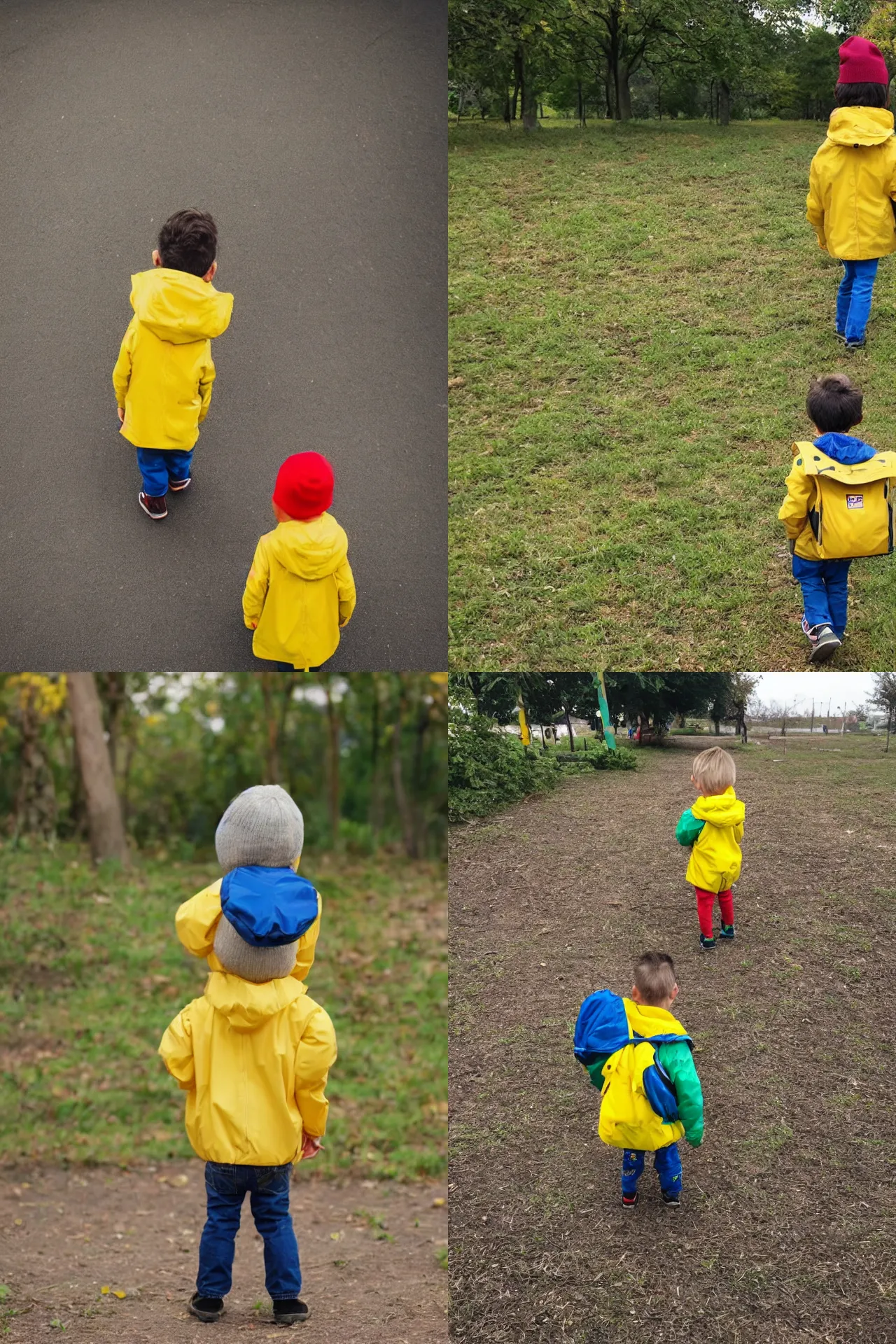 Prompt: a childrens story book, small boy wearing yellow raincoat and wearing a back pack on his back is at the playgound
