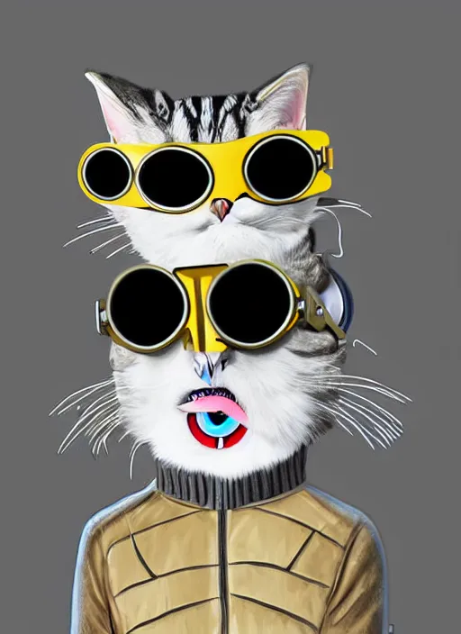 Prompt: a cat owl hybrid digital art wearing aviator goggles and jacket