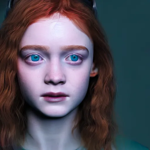 Image similar to Sadie Sink portrait, Cyberpunk 2077, ultra photorealistic, cybernetic body parts, neon, octane, bokeh, 8k