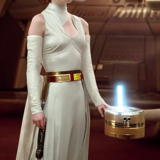 Image similar to Emma Stone as Princess Leia from Star Wars, movie scene