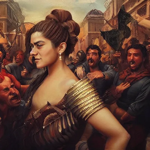 Image similar to a realistic painting by Raffaello Sanzi depicting the Kajol enveloped by symbiots Riot in the Renaissance,smooth,Sharp focus, trending on Artstation.