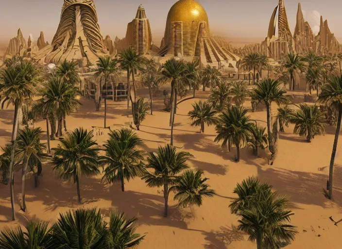 Image similar to cover concept art of the lost sand city, levitating sand, golden towers, golden pillars, palm trees, space and time, floating objects, post-processing, in the style of Hugh Ferriss, Behance, Artgerm. High detail, ultra realistic render, octane, 3D, photorealism, symmetric, cinematic