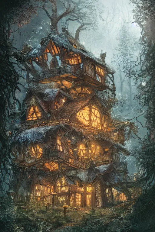 Image similar to a storybook illustration of a ramshackle multistory fairytale hut in the forest, intricate, elegant, fantasy, highly detailed, digital painting, concept art, sharp focus, artstation