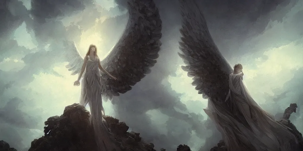 Prompt: a biblically accurate angel, the angel has a lot of eyes, horror, dramatic sky, distant shot, anime art, Greg Rutkowski, dramatic lighting
