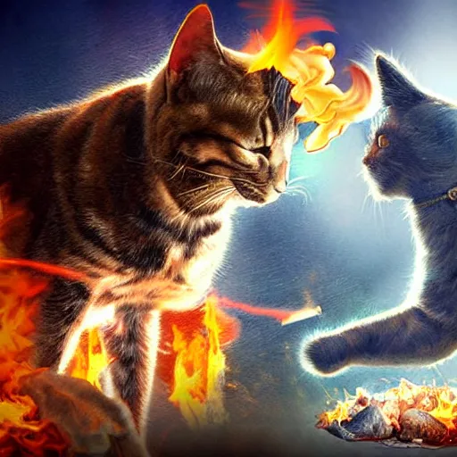 Prompt: war between cats and dogs, epic, digital, art, fire, smoke, suspense