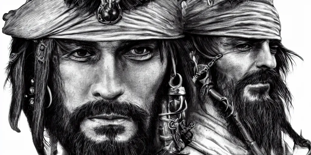 Image similar to realistic portrait of a handsome pirate captain with black hair, 1450, ink, ultra realistic, 8k