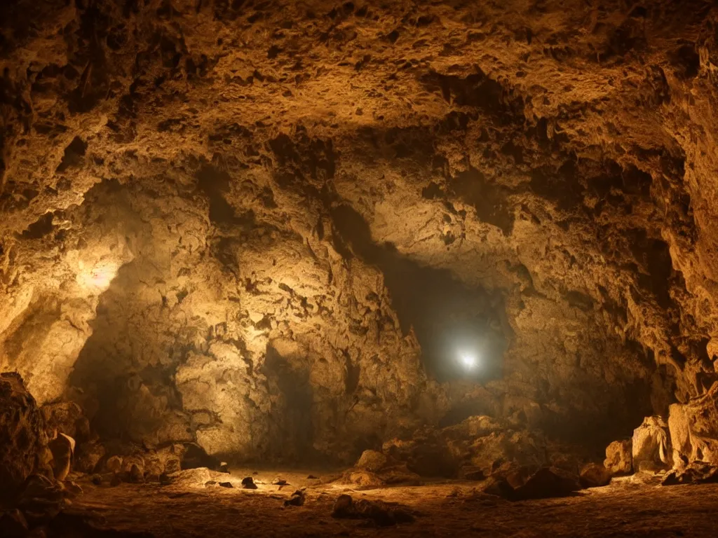 Prompt: A cave with a single torch as the only light source. Very beautiful matte painting