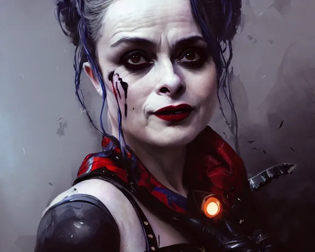 Prompt: highly detailed portrait of helena bonham carter as harley quinn, in batman : arkham knight, stephen bliss, unreal engine, fantasy art by greg rutkowski, loish, rhads, ferdinand knab, makoto shinkai and lois van baarle, ilya kuvshinov, rossdraws, tom bagshaw, global illumination, radiant light, detailed and intricate environment