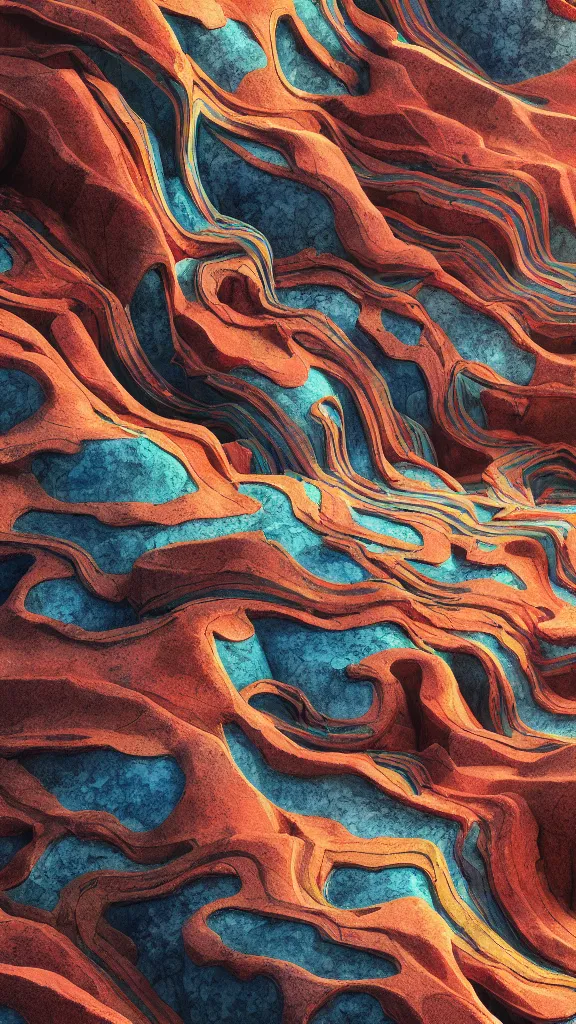 Prompt: vivid color, sedimentary schematic, organic swirling igneous rock, architectural drawing with layers of strata by James jean, geology, octane render in the style of Luis García Mozos