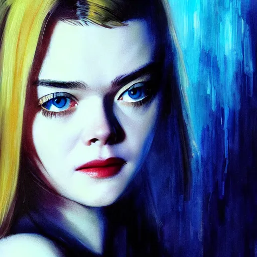 Image similar to ultra realistic portrait painting of elle fanning in ghost in the shell, art by frank frazetta, 4 k, ultra realistic, highly detailed, epic lighting