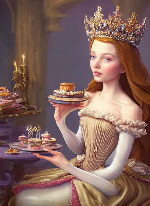 Image similar to highly detailed closeup, low - poly hands, portrait of a fairytale medieval princess wearing a crown and sitting on a throne eating cakes, unreal engine, nicoletta ceccoli, mark ryden, earl norem, lostfish, global illumination, god rays, detailed and intricate environment