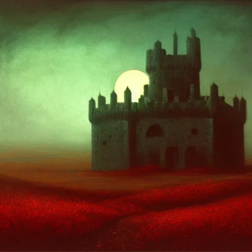 Image similar to A haunting dark castle stands over a misty orchard, a crescent moon dimly shines; lighting a small path that winds through the trees. A matte painting in the style of Wayne Barlowe, Zdzisław Beksiński, by Mordecai Ardon.