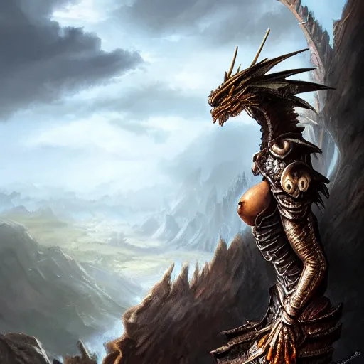 Prompt: a dragon woman wearing metal armor standing on the edge of a cliff, realistic, photoreal, fantasy, 8k, cinematic, colorful, elegant, highly detailed, centered, digital painting, artstation, concept art, sharp photo