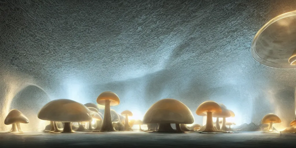 Image similar to Photorealistic exterior of a minimalist design mosque in giant glowing mushroom underworld dark cave, with domes and arches, people and androids wearing traditional japanese clothing. photorealism, UHD, amazing depth, glowing, golden ratio, 3D octane cycle unreal engine 5, volumetric lighting, cinematic lighting, cgstation artstation concept art