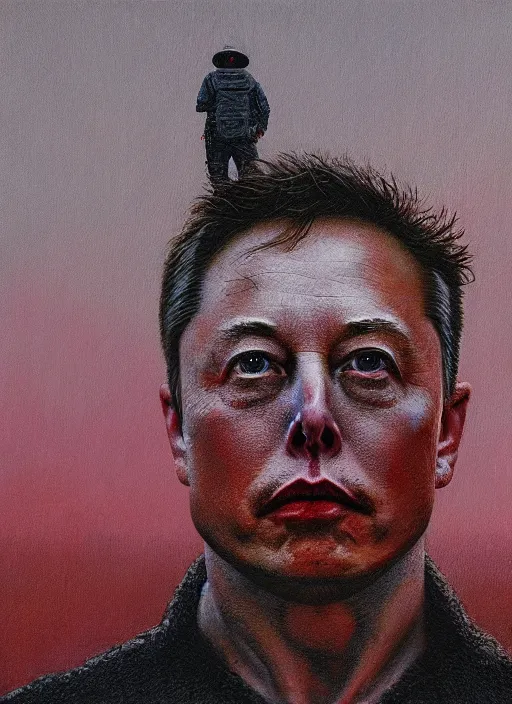 Image similar to A painting of Elon Musk in style of Beksinski. Very detailed