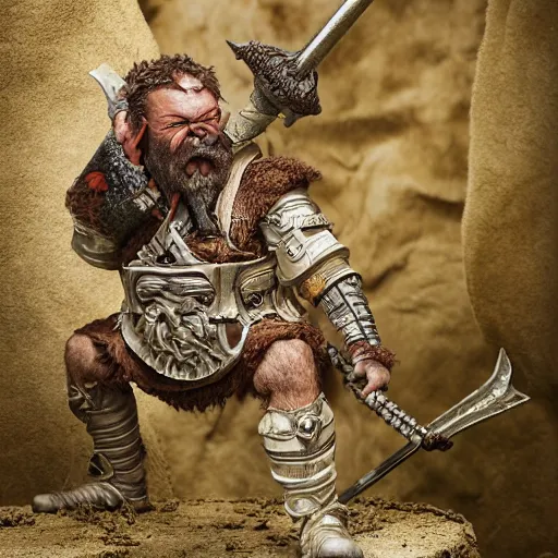 Image similar to 8 5 mm f 1. 8 photograph of a claymation sculpture warrior dwarf, highly detailed sculpey diorama, by erwin olaf, smooth, sharp foccus, commercial photography, fashion shoot