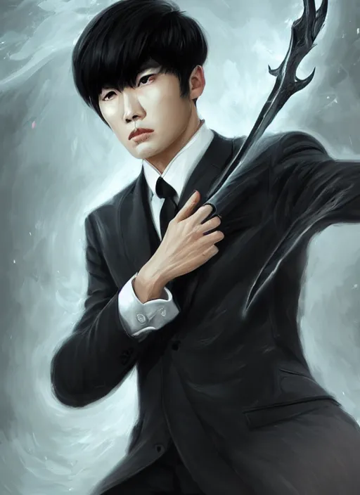 Image similar to a highly detailed illustration of fierce korean man with bowl cut black hair wearing suit and tie with giant black claws, wielding giant black fog claws pose, foggy lovecraftian black mist surrounding background, perfect face, intricate, elegant, highly detailed, centered, digital painting, artstation, concept art, smooth, sharp focus, league of legends concept art, wlop.