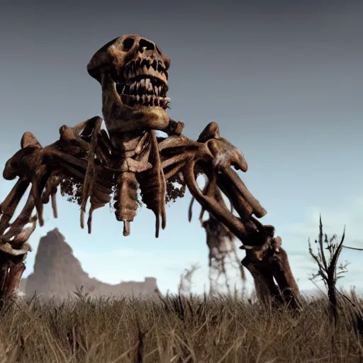 Prompt: A desolate wasteland, where the only signs of life are the occasional rusting hulk of a machine, or the skeleton of a long-dead creature, rendered in unreal engine.