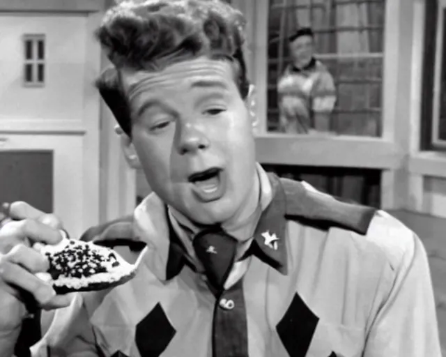 Prompt: Wally Cleaver eating a Choco Taco on Leave It To Beaver, black and white television still, Choco Taco product placement