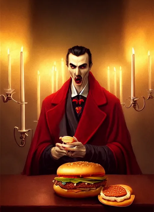 Image similar to portrait of dracula eating a hamburger while reclining, intricate, elegant, glowing candle lights, highly detailed, digital painting, artstation, concept art, smooth, sharp focus, illustration, art by wlop, mars ravelo and greg rutkowski