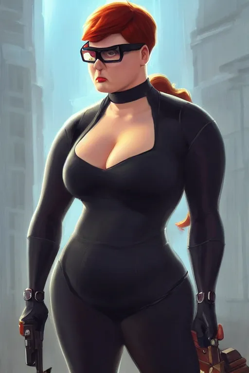 Image similar to Peter Griffin as Black Widow, Black Widow costume, Peter Griffin hairstyle, Peter griffin body type, Peter Griffin Face, calm, grumpy, portrait, masculine figure, highly detailed, digital painting, artstation, concept art, smooth, sharp focus, illustration, cinematic lighting, art by artgerm and greg rutkowski and alphonse mucha