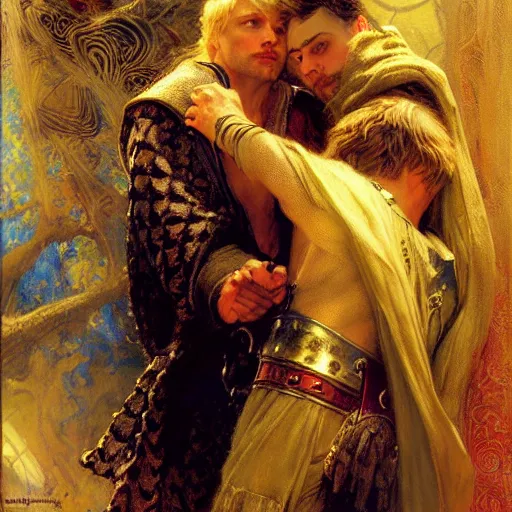 Prompt: attractive arthur pendragon in love with attractive male merlin the mage. highly detailed painting by gaston bussiere, craig mullins, j. c. leyendecker