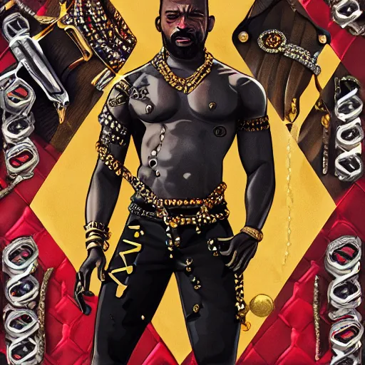 Image similar to a matte painting of killmonger, dripped out, diamonds, diamond chain, gold rings, gold watch, stylish, diamond grill by sachin teng