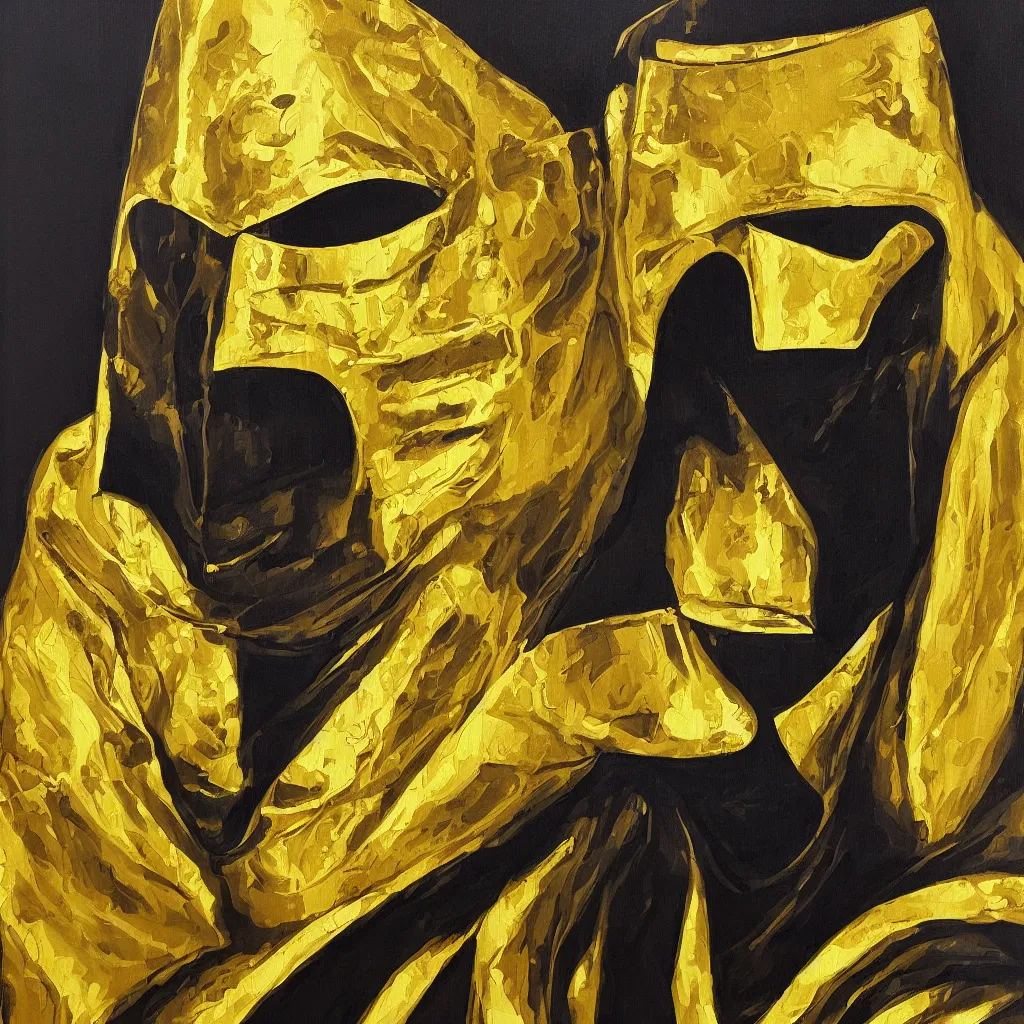 Image similar to android dressed in mask and robes, gold yellow and black colour scheme, canvas, oil paint style