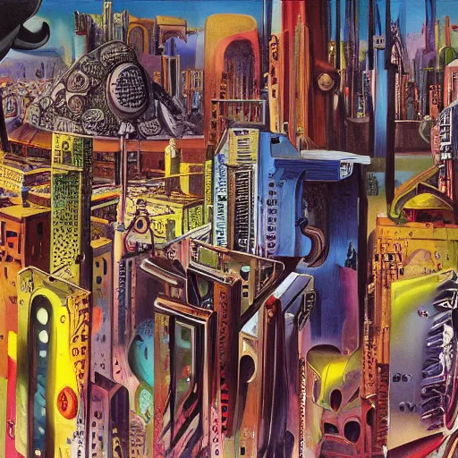 Image similar to a painting of cyberpunk city, salvador dali style