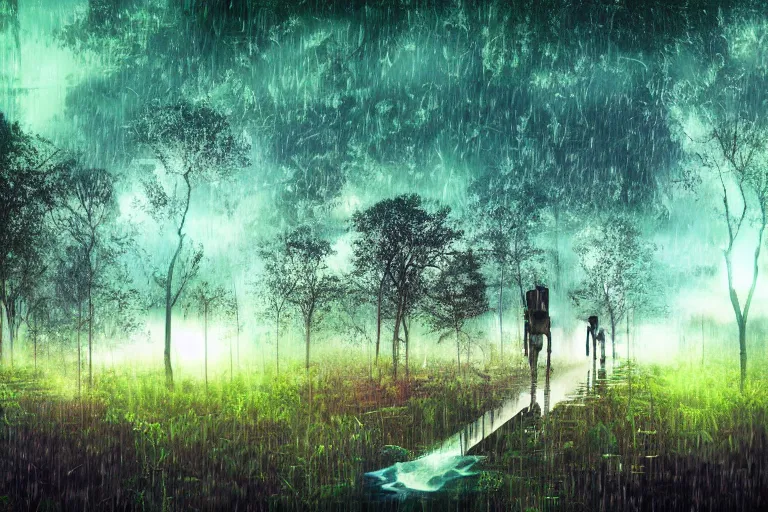 Image similar to digital art of a surreal jungle, astronaut walking, psychedelic sky, mysterious crazy world, raining at night, glowing trees, pulping sky